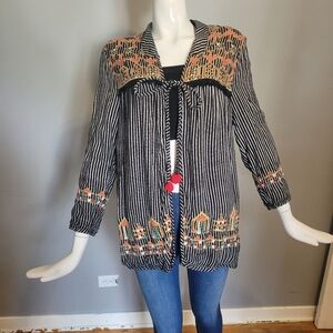 World Market Tie Front Striped Cardigan With Embroidery, VGUC, Size M